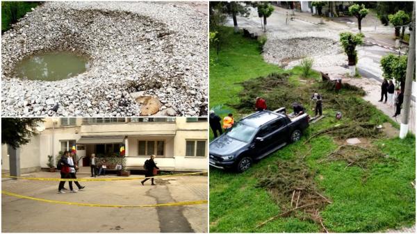 Craterul de pe strada surpată din Slănic, acoperit cu pietriş. Experţii spun că localnicii se pot întoarce acasă, deşi crăpăturile au ajuns până la blocurile lor