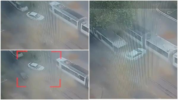 Momentul în care o maşină e zdrobită între două tramvaie. Accident teribil în Capitală: vatmanul unuia dintre ele nici măcar nu a frânat