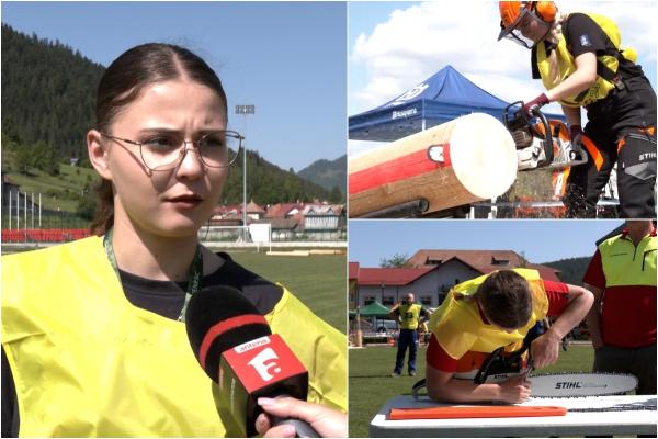 Fetele care fac performanţă într-un sport al bărbaţilor. La 15 ani, ţin piept drujbelor şi taie buşteni de sute de kilograme în timp record