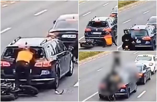 Doi prieteni pe motocicletă, impact violent cu o mașină în Cluj. Unul dintre ei a fost aruncat peste vehicul, celălalt a rămas blocat cu capul în lunetă