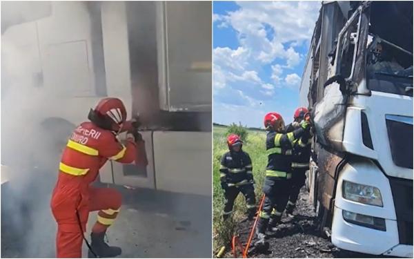 TIR cuprins de flăcări, pe un drum naţional din Bihor. Şoferul a scăpat ca prin minune, după ce a sărit din maşină înainte să fie înghiţit de flăcări