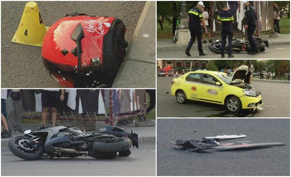 "Bine că a avut cască!" Motociclistă luată pe capotă de un taxi, într-o intersecţie din Bucureşti. Tânăra a fost rănită la picioare