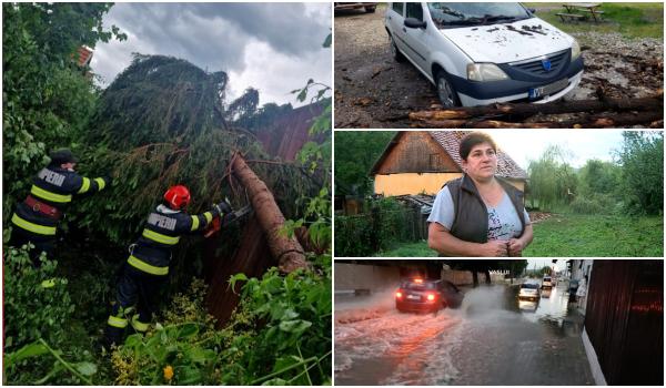 Primul cod roşu de vreme severă din acest an: Acoperişuri smulse de vânt, case inundate, copaci doborâţi. Un panou a căzut peste un trecător