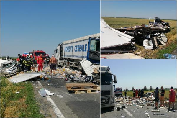 Impact dezastruos în Brăila. Marfă şi bucăţi de caroserie s-au împrăştiat pe şosea după ce două TIR-uri şi o maşină s-au ciocnit