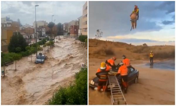 Pasager luat cu elicopterul, din mijlocul puhoaielor. Pompierii i-au rupt decapotabila ca să-l poată salva