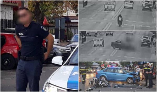 Accident devastator în Teleorman. Momentul în care un polițist pe motocicletă este spulberat de o mașină care a virat brusc pe linia continuă