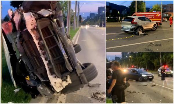 Taxi răsturnat cu tot cu clientă, pe un bulevard din Baia Mare. Accidentul, după ce un şofer a schimbat brusc banda