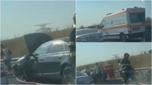 Accident în lanț pe Autostrada A2, cu patru mașini și un camion. 12 adulţi şi 6 copii au fost implicaţi