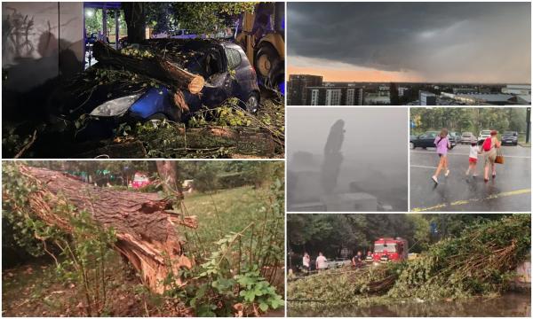 O furtună puternică a adus haosul în Bucureşti. Copaci prăbuşiţi, puhoaie pe străzi şi 10 grade mai puţin în nici o oră