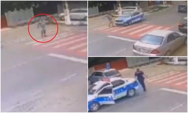 Bărbat spulberat de maşina Poliţiei, pe o trecere de pietoni din Galaţi. O cameră de supraveghere a filmat accidentul