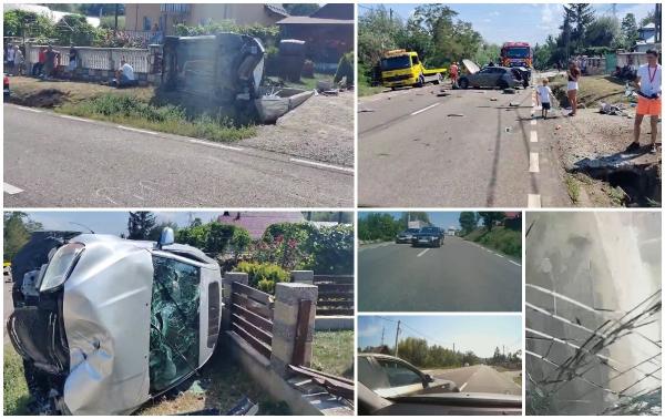 Accident surprins de o cameră de bord: O maşină care circula regulamentar, aruncată de pe şosea de un autoturism care a intrat în depăşire fără să se asigure