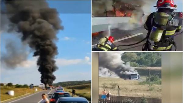 Un autobuz aflat în mers, în care se aflau pasageri, a luat foc din senin în Bihor. Flăcările au izbucnit la motor şi s-au extins rapid
