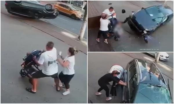 O familie cu un copil în cărucior, la un pas să fie spulberată de o maşină pe trotuar. Imagini noi cu accidentul teribil din Galaţi