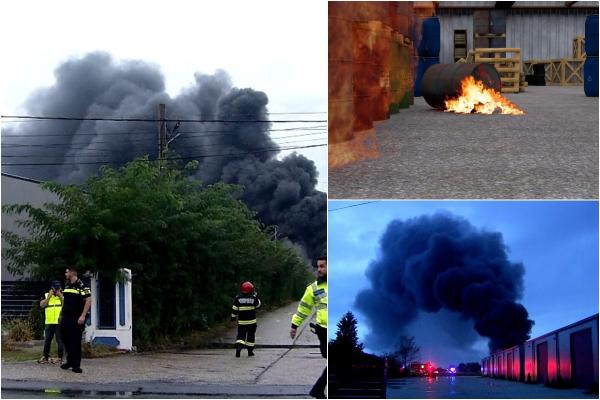 ANIMAŢIE. Ciupercă de fum, după incendiul uriaş de la hala din Dâmboviţa. Flăcările, stinse după 11 ore