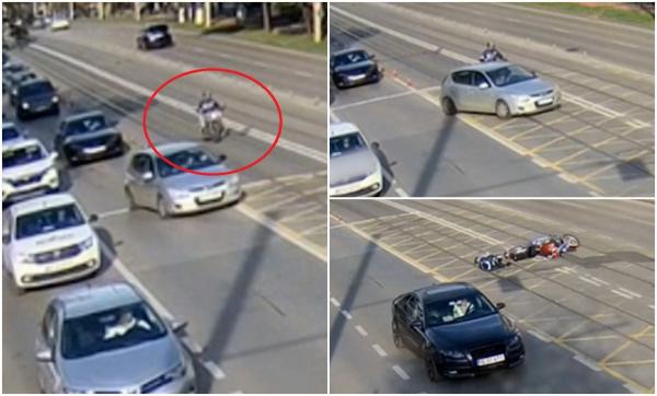 Motociclist aruncat pe șosea, după ce un șofer a virat brusc într-o intersecție din Iași. Momentul a fost filmat