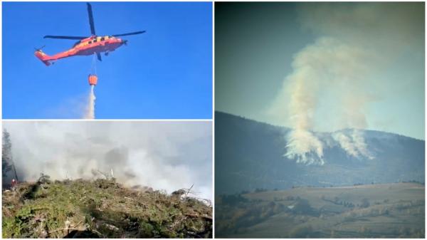 Incendiu uriaş între Vlădeni şi Făgăraş. O pădure arde de trei zile neîncetat. Pompierii au intervenit cu un elicopter Black Hawk