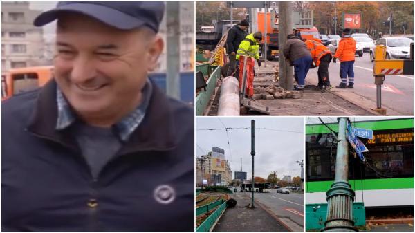 Explicația muncitorilor care au montat cu susul în jos stâlpul căzut peste un tramvai în Capitală: "Păi ca să se circule, d-aia"