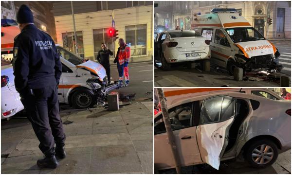 O ambulanță în misiune s-a ciocnit cu un Logan în București, după ce a trecut pe roșu într-o intersecție. În autospecială se afla un deținut de 38 de ani