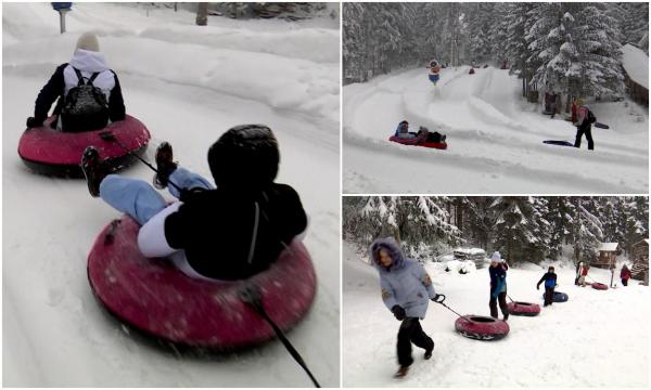 "Zăpada e foarte mare!" Stațiunea Cavnic, luată cu asalt de zeci de copii. Cât costă o oră pe pârtia de tubbing sau pe patinoar