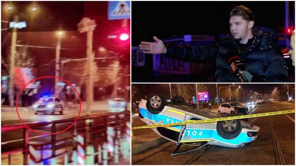 Maşină de poliţie în misiune, spulberată şi răsturnată pe şinele de tramvai, într-o intersecţie din Bucureşti. Accidentul a fost filmat