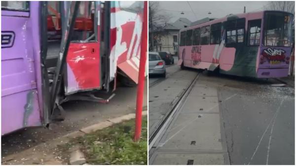 Un tramvai "a zburat" de pe şine şi s-a izbit cu putere de un stâlp, pe un bulevard din Capitală