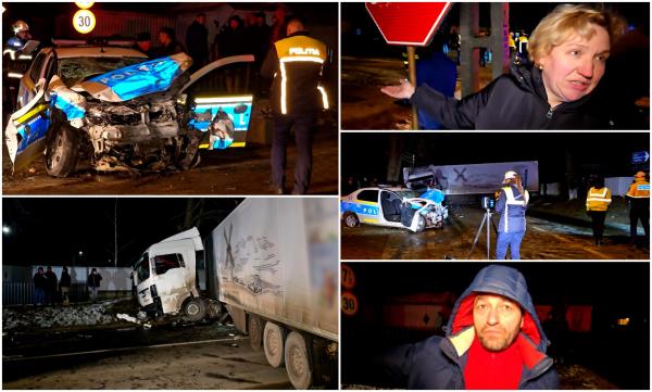 Maşină de poliţie spulberată de TIR la Vorona, în Botoşani. Cei doi agenţi, de 22 și 40 de ani, au fost aruncaţi la câţiva metri pe asfalt