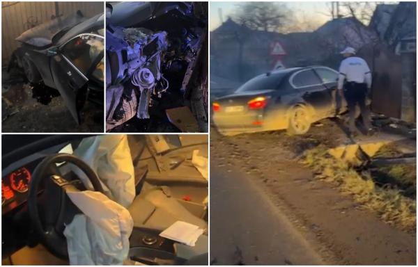 Șofer de 20 de ani, teribilism pe o șosea din Suceava. A fugit de polițiști, și-a făcut BMW-ul praf într-un gard, apoi s-a ascuns într-un cimitir