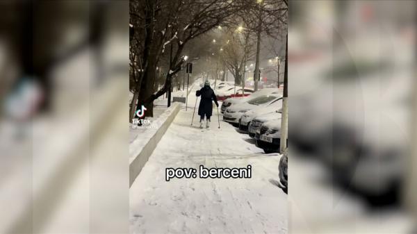 "Băi, nu se poate aşa ceva!" Plimbare cu schiurile, pe trotuarele din București