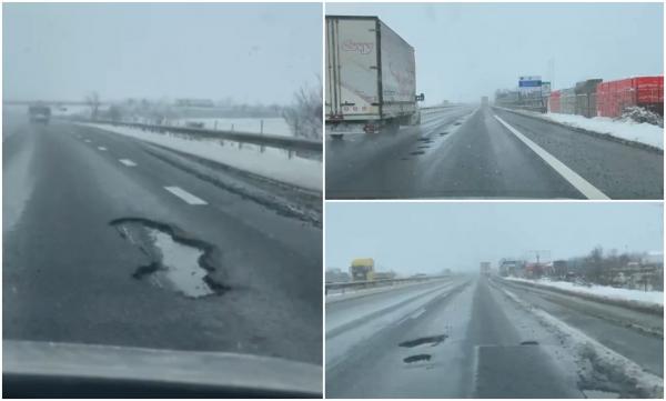 Cratere în asfalt după ninsori. Şoferii şi-au distrus mașinile pe autostrada A1, din cauza gropilor