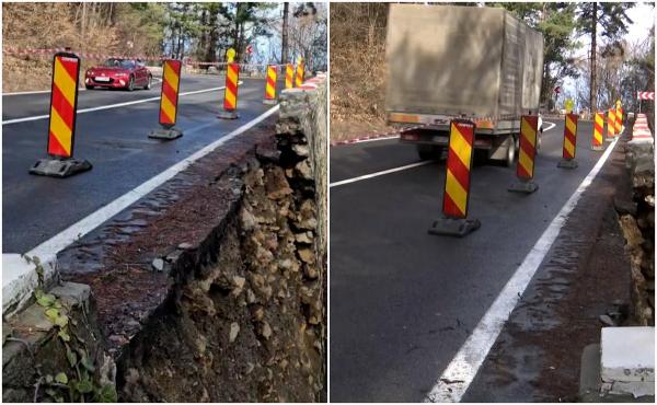 Crater uriaș pe unul dintre cele mai circulate drumuri din țară. Autobuzele cu turişti ar putea agrava lucrurile: "Oricând poate pleca la vale"