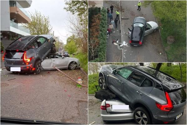 Şoferul unei maşini de teren s-a urcat peste alt vehicul, într-un cartier din Capitală. Imaginile au ajuns virale