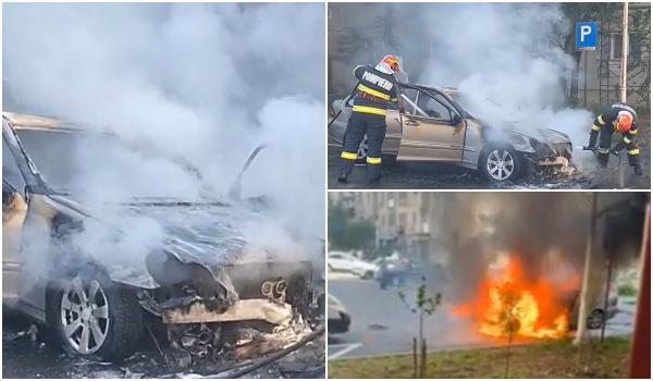 Mașină făcută scrum pe o alee din Drobeta Turnu Severin. Şoferul a provocat incendiul dintr-o greșeală banală la alimentare