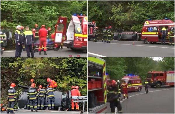 Impact dezastruos într-o curbă periculoasă din Brașov. Șoferul și pasagerul au rămas încarcerați după ce mașina s-a răsturnat: "Aveau maxim 40 la oră"