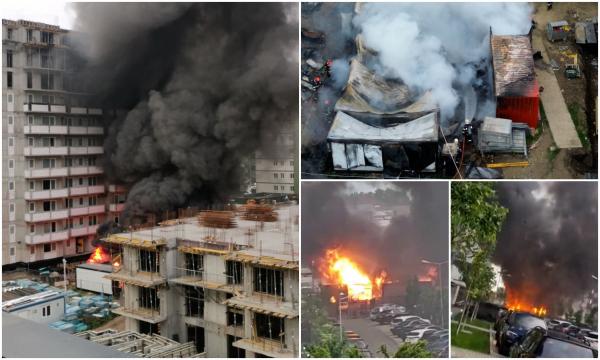 Incendiu masiv între blocuri, într-un cartier din Braşov. Focul a pornit la mai multe containere de pe un şantier