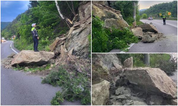 Căderi masive de pietre pe Valea Oltului. Bucăţi mari de stâncă s-au prăbuşit pe carosabil