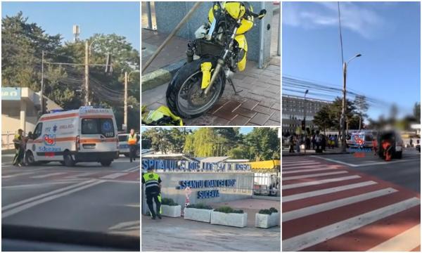 Un poliţist băut s-a înfipt cu motocicleta într-o ambulanță, chiar în fața Spitalului Județean din Suceava