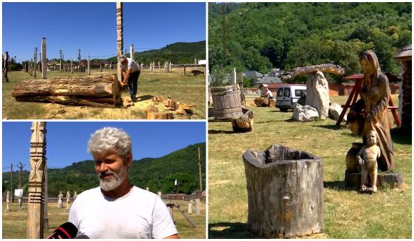 Sculptură în lemn cu dalta şi drujba inspirată din simbolurile dacice, la o tabără inedită în comuna Polovragi
