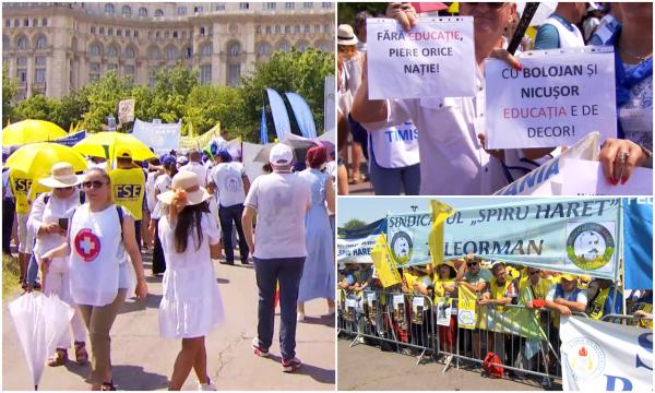 Sute de bugetari, protest la Parlament pe cod roşu de caniculă: "Fără educaţie, piere orice naţie!"
