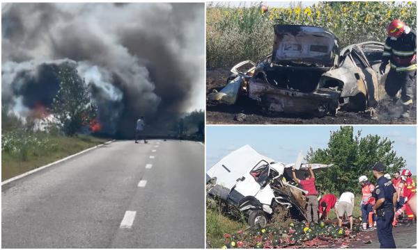 Imagini dramatice filmate imediat după tragedia cu doi şoferi morţi, în Olt. O maşină a luat foc după impact