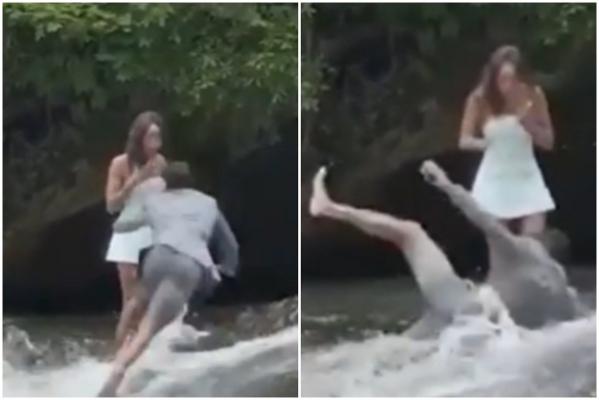 Un tânăr a căzut într-o cascadă în timp ce-și cerea iubita în căsătorie. Momentul când alunecă, filmat