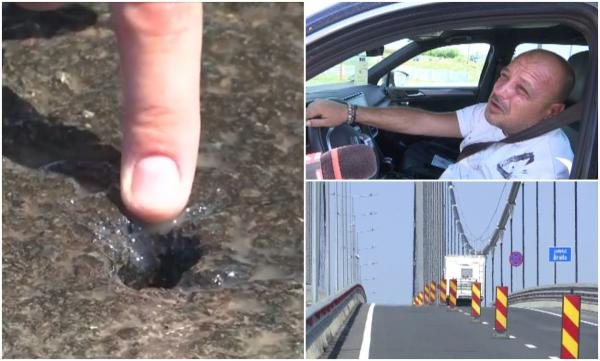"N-am mai văzut niciodată". Reacţia şoferilor când văd cum izvorăşte apă din asfaltul podului de la Brăila