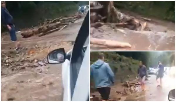 Maşini blocate pe Transfăgărăşan, după o ploaie torenţială. Pietre şi buşteni au ajuns pe carosabil