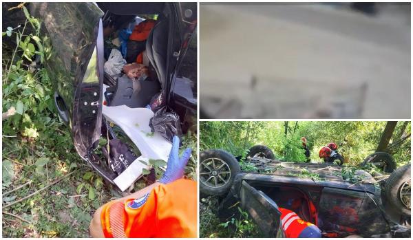 Momentul când şoferul pierde controlul volanului şi se răstoarnă într-o râpă în Iaşi. Doi soţi au murit pe loc