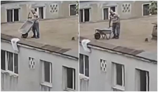 Dorel lovește la înălțime. Muncitor surprins când aruncă un sac cu moloz direct de pe bloc, în Ploieşti