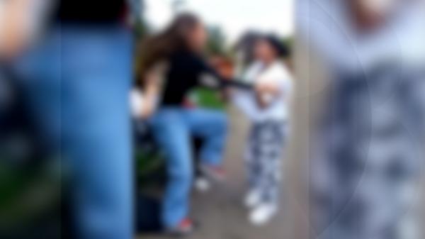Momentul în care două eleve din Gherla se bat cu pumnii în parcul central, sub ochii trecătorilor