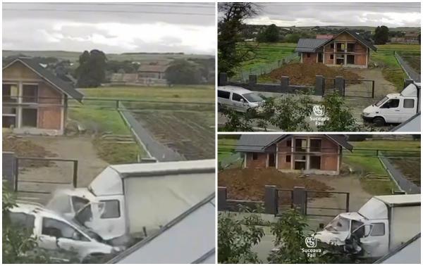 Momentul când șoferul unei mașini pierde controlul și intră cu viteză într-o autoutilitară în Suceava