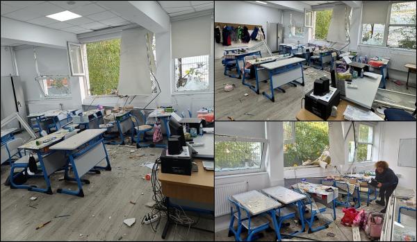 Imagini din Liceul Bolintineanu, afectat de explozia din Rahova. Geamurile unei săli de clasă, spulberate