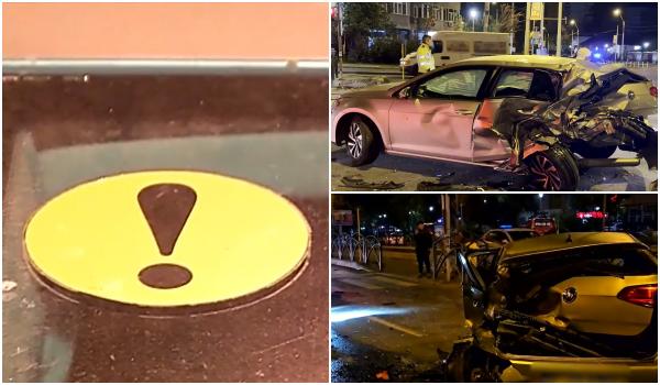 Două mașini făcute zob în Bucureşti: şofer începător, prins între fiare. Şoferiţa vinovată a fugit