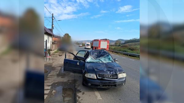 Momentul în care un Audi spulberă o căruţă, în Cluj. Calul a fost aruncat peste parbriz; o persoană, rănită