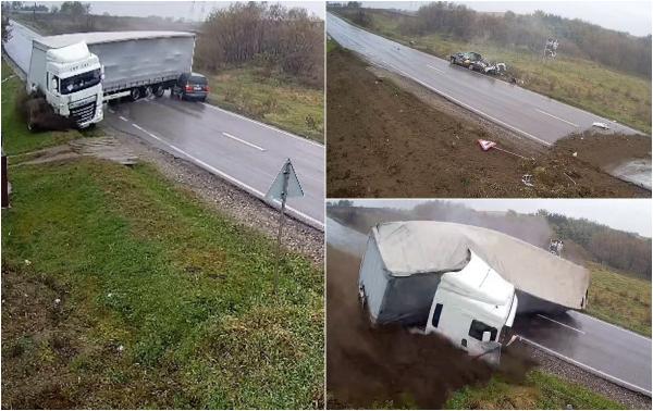 Momentul impactului când camionul se răstoarnă peste o maşină în Iaşi. Moartea a venit într-o secundă